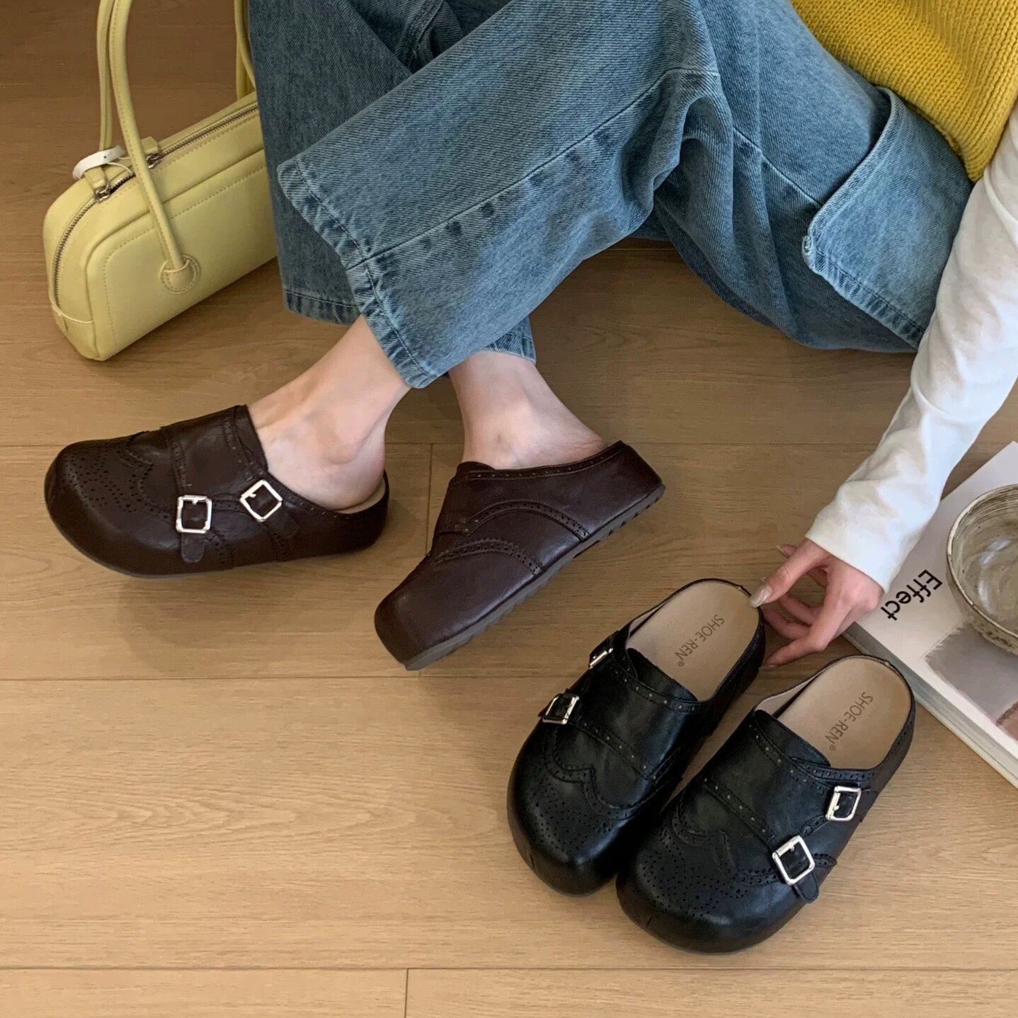 SHOE-REN 复古布洛克雕花搭扣勃肯鞋女2026新款厚底一脚蹬懒人鞋,女鞋,包头拖,淘宝优惠券,粉丝福利购,淘宝优惠卷