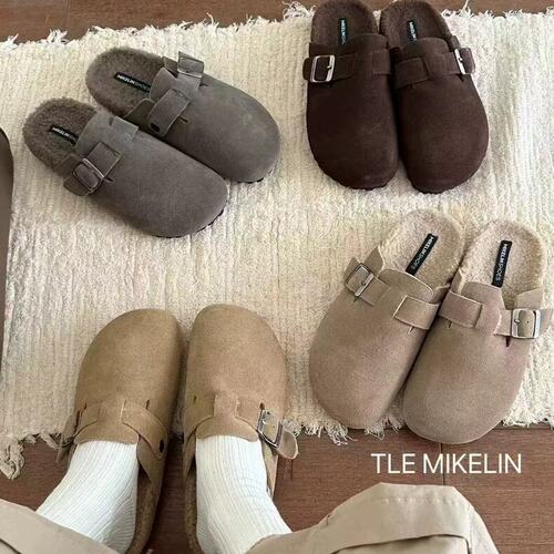 TLEMIKELIN冬日懒惰感~韩系真皮加绒厚底勃肯鞋休闲百搭包头半拖