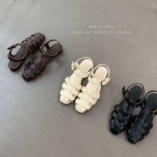 MUSI BY MLC 夏季罗马凉鞋女包头镂空编织平底一字扣带舒适软底鞋