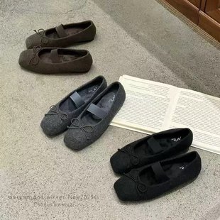 加绒软底百搭毛毛单鞋 MUZI 秋冬新款 毛呢方头蝴蝶结玛丽珍鞋 韩版