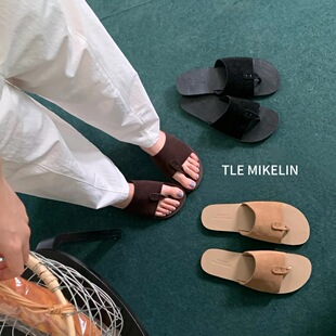 TLEMIKELIN极简老钱风设计感真皮夹趾平底人字拖鞋复古百搭凉拖夏