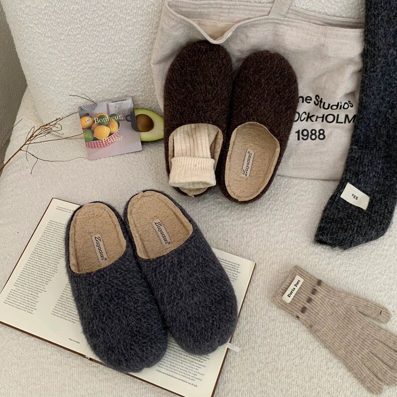 Zuyaolan丑萌大头毛呢灰色加绒勃肯鞋女外穿厚底一脚蹬包头半拖鞋