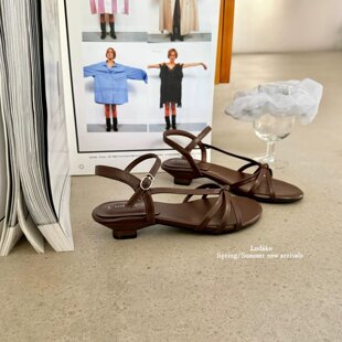 LUDAKE 韩式露趾凉鞋女夏低粗跟防滑一字拖小众设计日常百搭女鞋