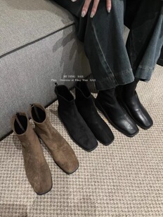 MIDING米町 韩系美拉德色系方头绒面粗跟弹力瘦瘦短靴 强推自留款