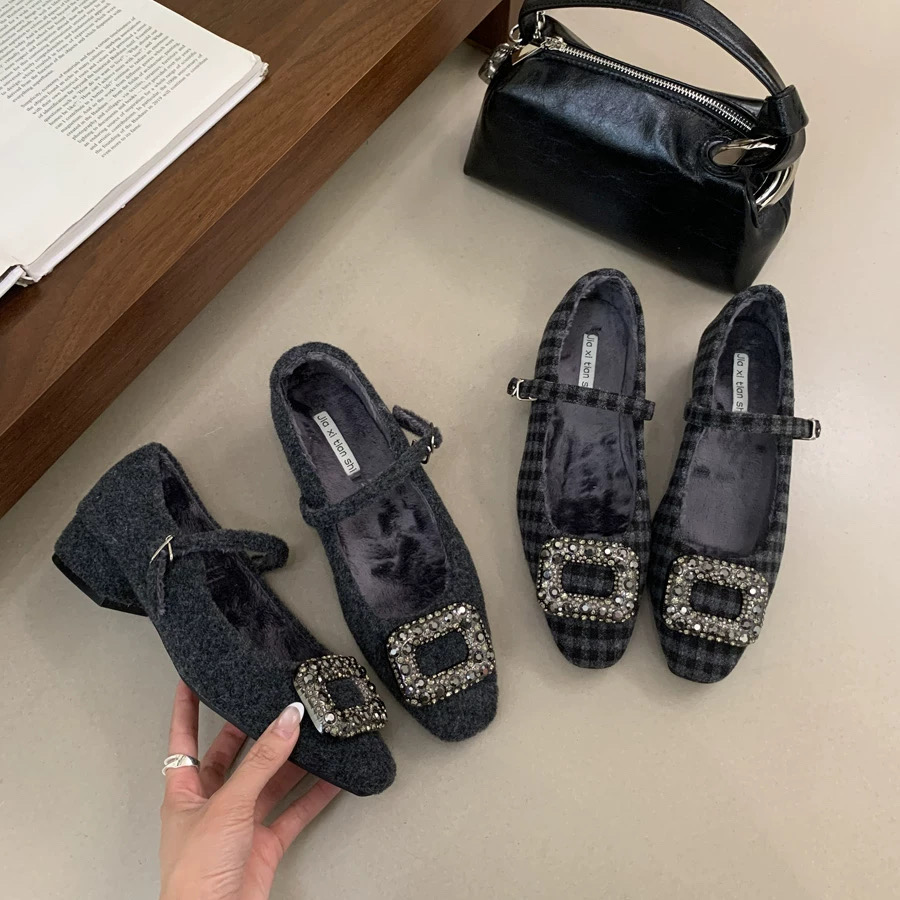 法式毛呢方头水钻扣粗跟玛丽珍鞋气质通勤加绒单鞋女