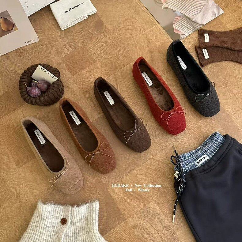 LUDAKE鹿大可 秋冬韩系保暖加绒毛呢单鞋女平底蝴蝶结芭蕾豆豆鞋,女鞋,浅口单鞋,淘宝优惠券,粉丝福利购,淘宝优惠卷