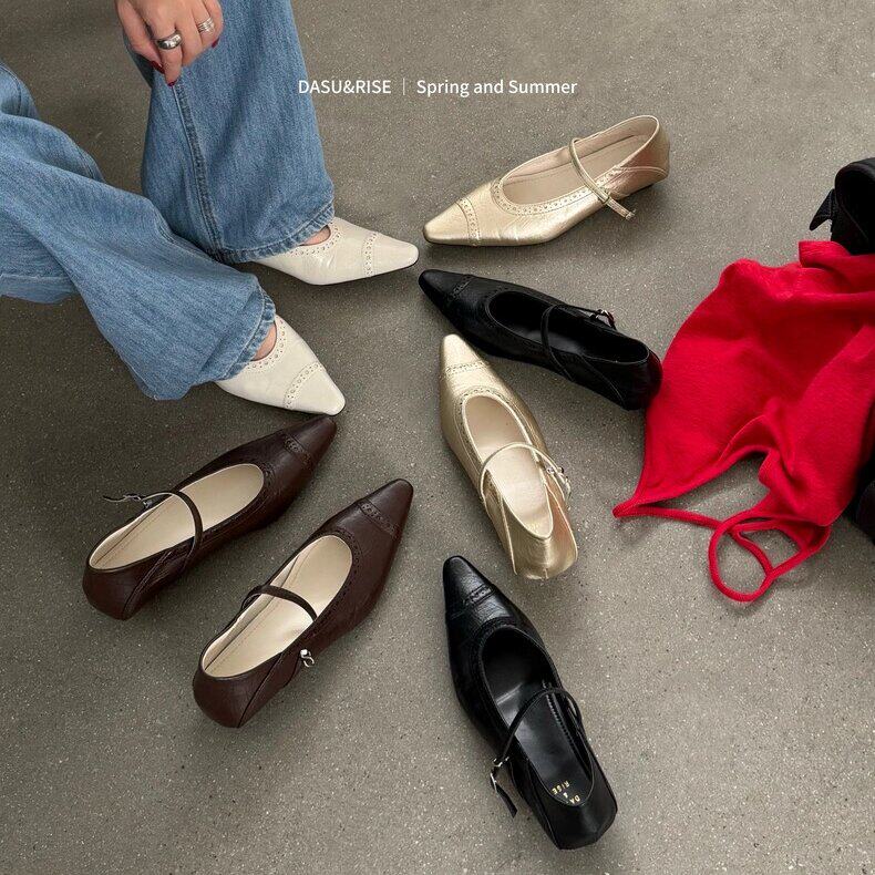 DASU 一字带气质小尖头名媛风布洛克百搭浅口平底低跟单鞋女春夏
