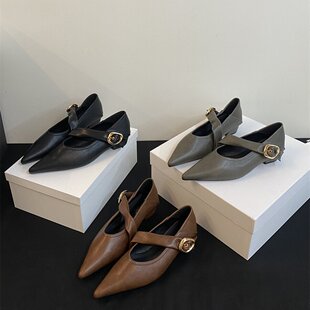 女 百搭通勤低跟不累脚单鞋 韩版 复古晚晚风一字带浅口尖头玛丽珍鞋