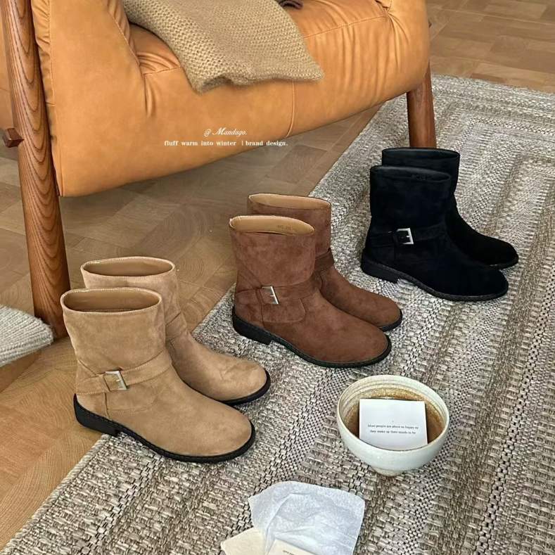 THEMANDAGO芒大果 韩版百搭圆头扣带马丁靴粗跟短靴女2025秋冬
