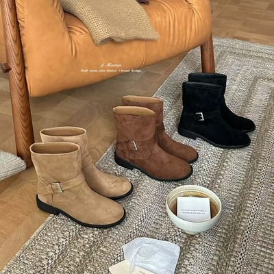 THEMANDAGO芒大果 韩版百搭圆头扣带马丁靴粗跟短靴女2025秋冬