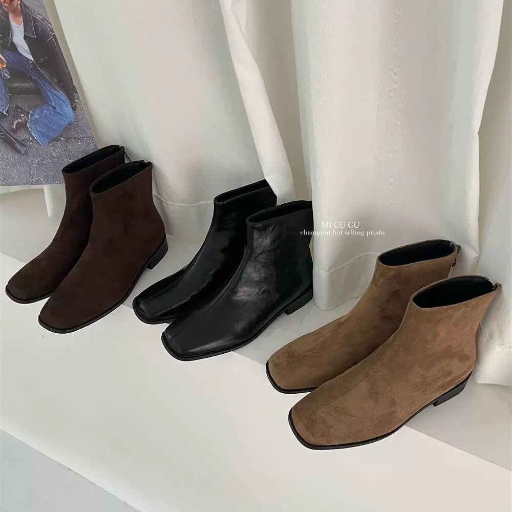MIGUGU米谷谷法式绒面方头短靴女粗跟后拉链瘦瘦靴百搭低跟时装靴