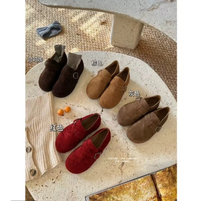 复古真皮圆头皮带扣软底单鞋