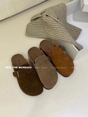 厚底勃肯鞋女复古真皮包头半拖鞋