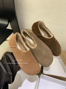 复古真皮圆头深口懒人一脚蹬毛毛鞋加绒保暖勃肯鞋