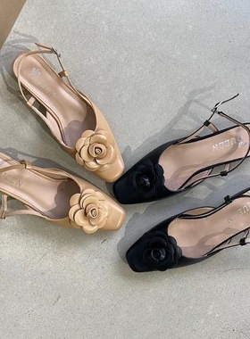 法式低跟小香风包头凉鞋女鞋子2022年新款春季小众黑色仙女风单鞋