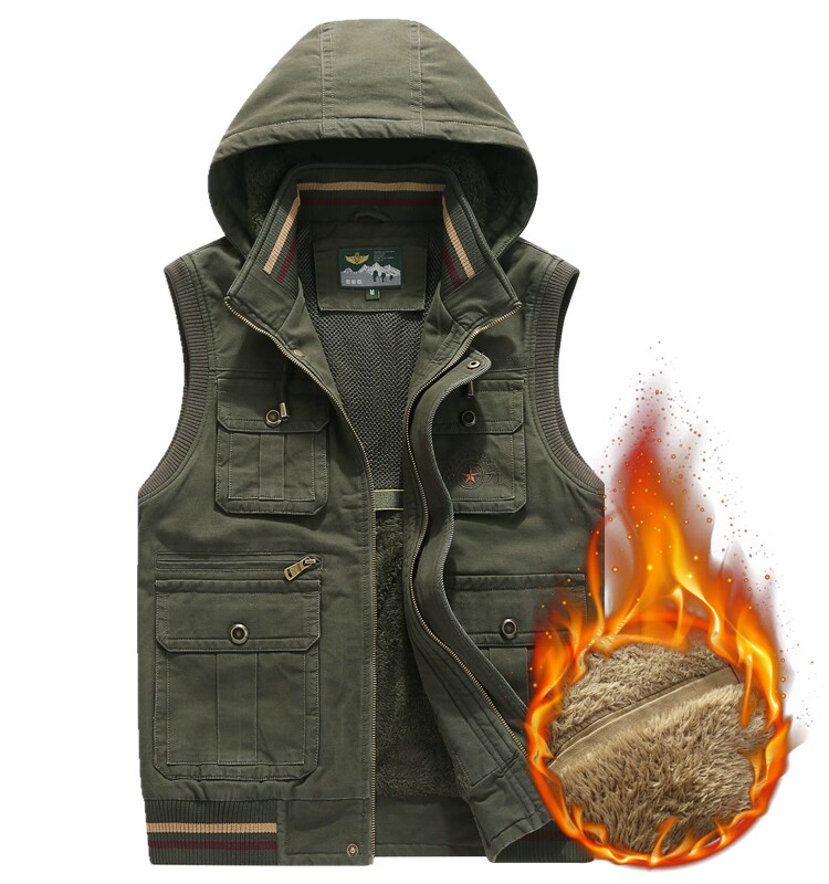 NEW MENS VEST VELVET THICKENED HOODED COTTON LARGE SIZE LOOSE CASUAL OUTDOOR MULTI-POCKET CARGO HORSE CLIP MAN