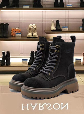 HA231601哈森2023年冬季新款粗跟厚底圆头时尚休闲系带短靴马丁靴