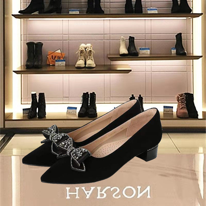 卡迪娜粗跟尖头舒适浅口单鞋