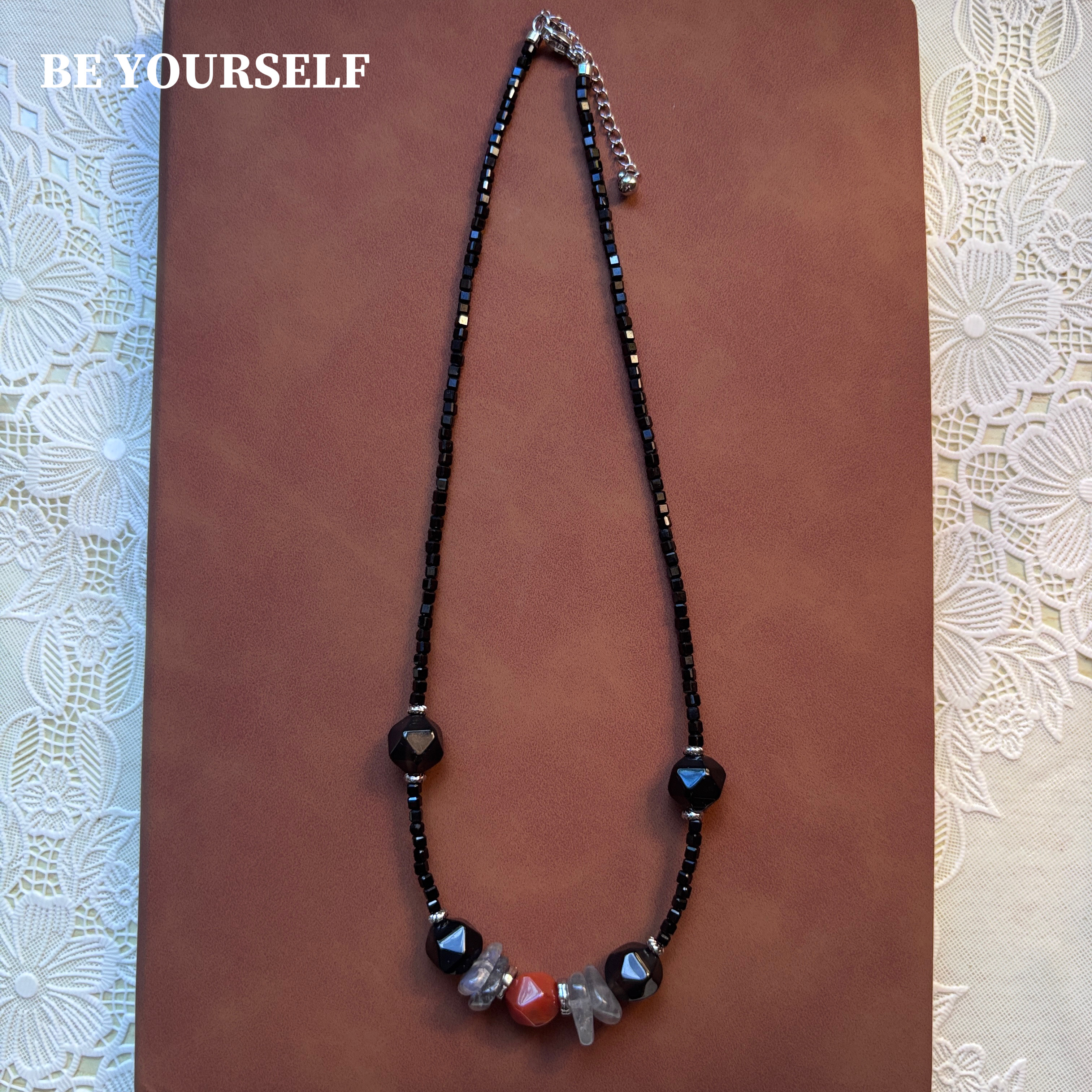 暗黑风天然黑尖晶玛瑙串珠项链女