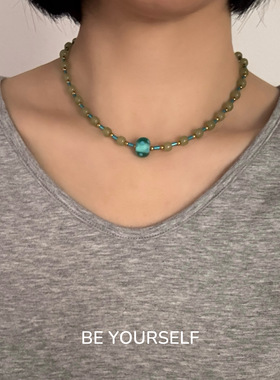 原创多巴胺蓝绿色串珠项链进口波点琉璃天然玉髓时尚高级感项链女