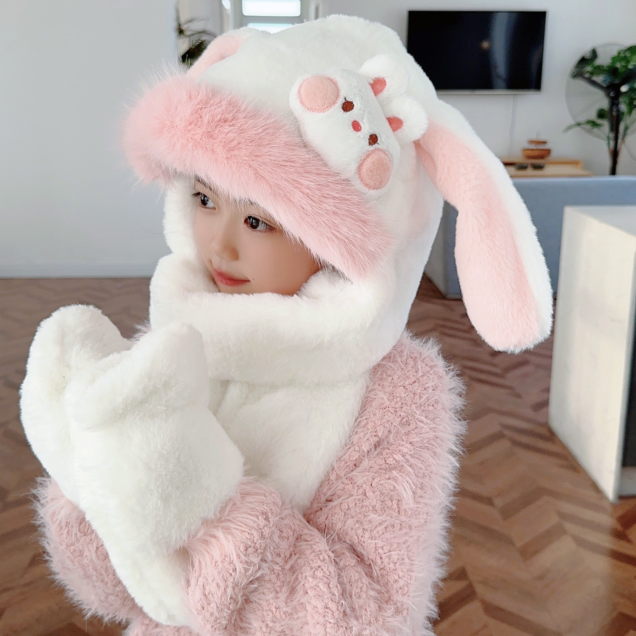 兔耳朵会动儿童帽子围巾手套一体女童冬季加厚保暖毛绒护耳帽围脖,童装/婴儿装/亲子装,多件套 帽子、围巾、手套等组合,淘宝优惠券,粉丝福利购,淘宝优惠卷