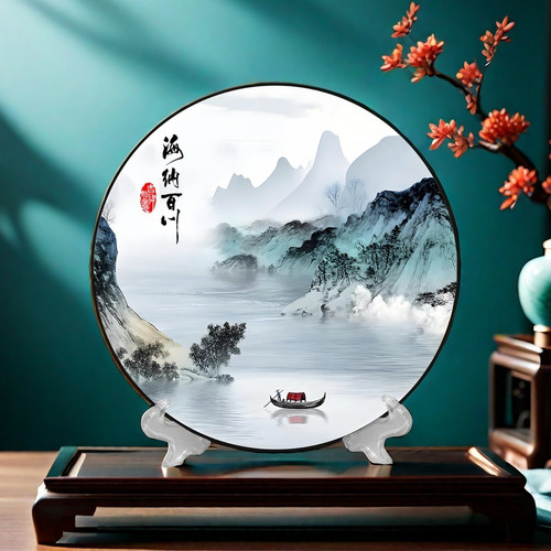 高质感海纳百川摆台风水摆件山水画中式餐厅装饰画书房办公室桌摆