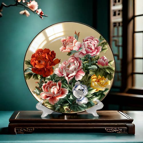 新中式牡丹花开富贵摆台画客厅玄关桌面摆件轻奢圆形装饰画乔迁礼
