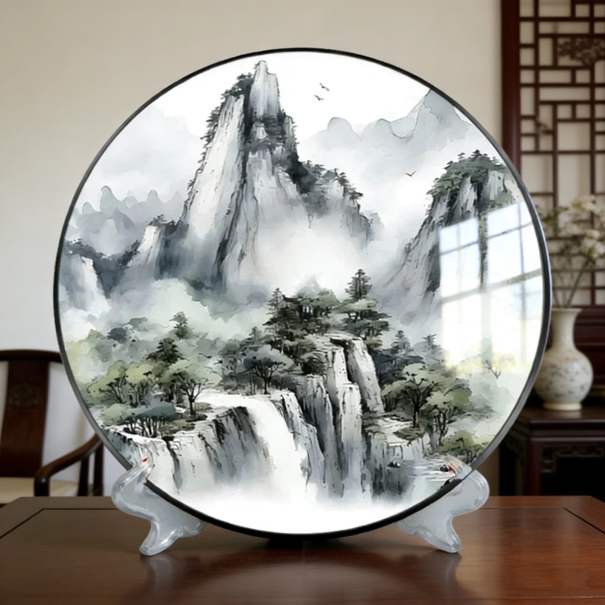 优质客厅中式圆形山水画摆件玄关书柜办公室装饰圆盘摆台乔迁礼物,家居饰品,现代装饰画,淘宝优惠券,粉丝福利购,淘宝优惠卷