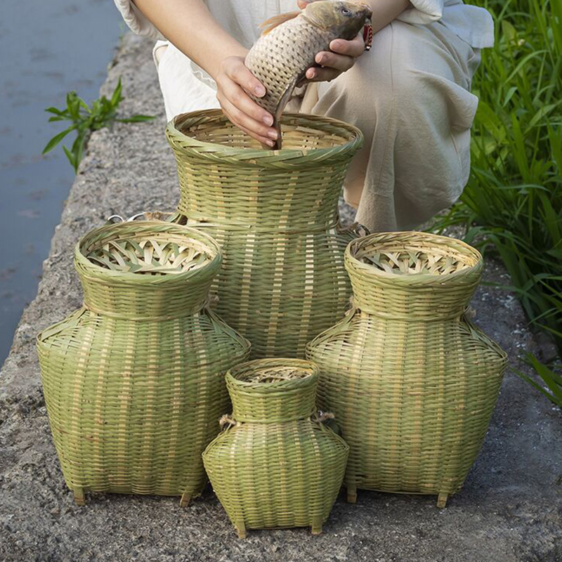 捕鱼篓装鱼带盖传统工艺竹编篮子