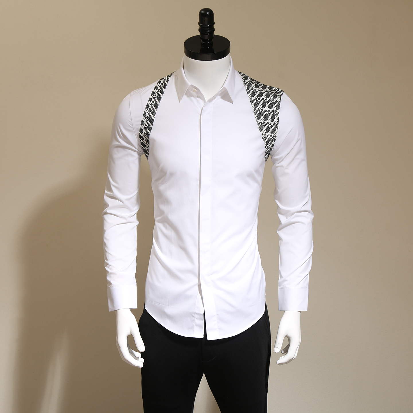 秋季轻奢时尚潮牌肩章拼接字母印花长袖衬衫男士商务休闲修身衬衣