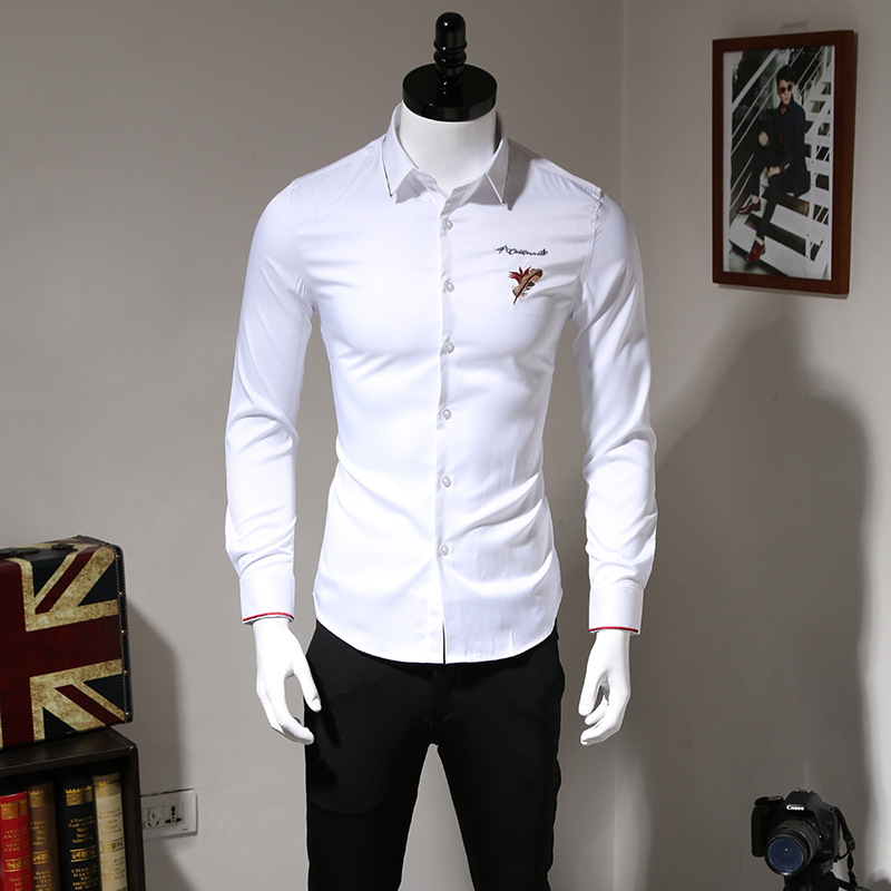 秋季新款免烫羽毛刺绣花白衬衫男