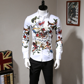青年时尚 烫钻免烫印花衬衫 男长袖 2025秋季 修身 商务休闲白色衬衣潮
