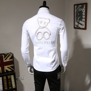 韩版 2025秋季 男修身 衬衫 休闲免烫白衬衣 青年潮流小熊烫钻刺绣长袖