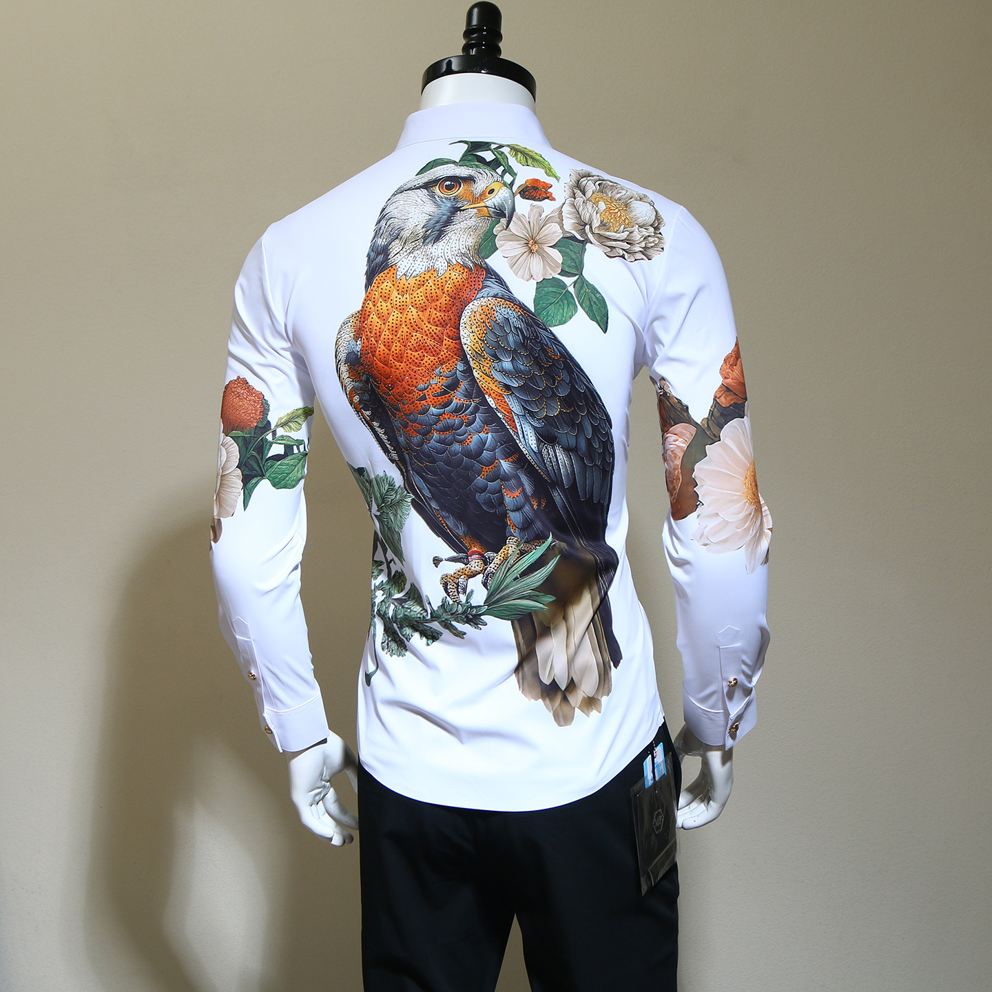 老鹰烫钻印花抗皱高弹长袖衬衫男
