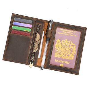 简约真皮护照包男士多功能钱包带零钱袋可放护照复古疯马皮护照夹