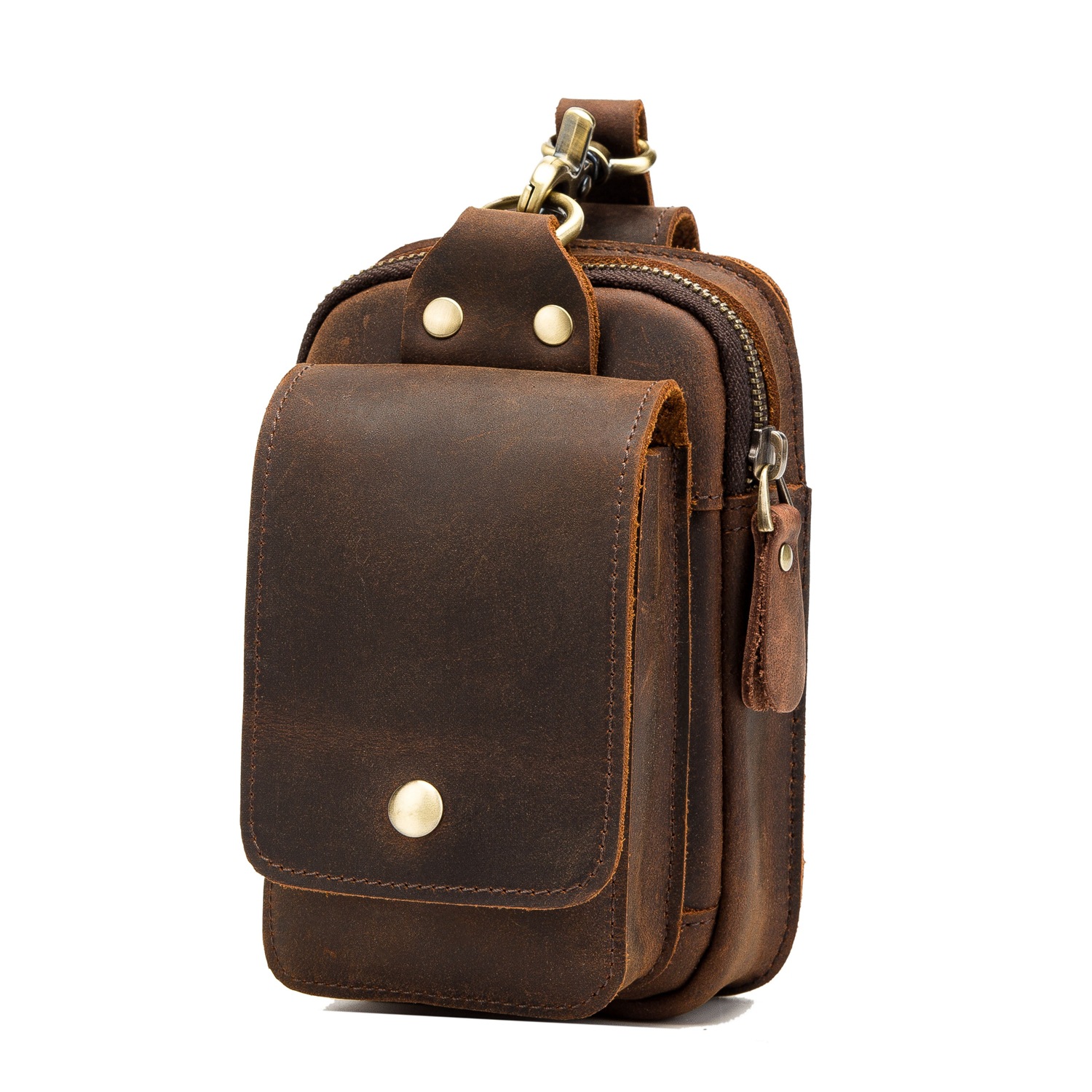 真皮手机包竖款腰包男士复古头层牛皮穿皮带男包工地干活腰间挂包