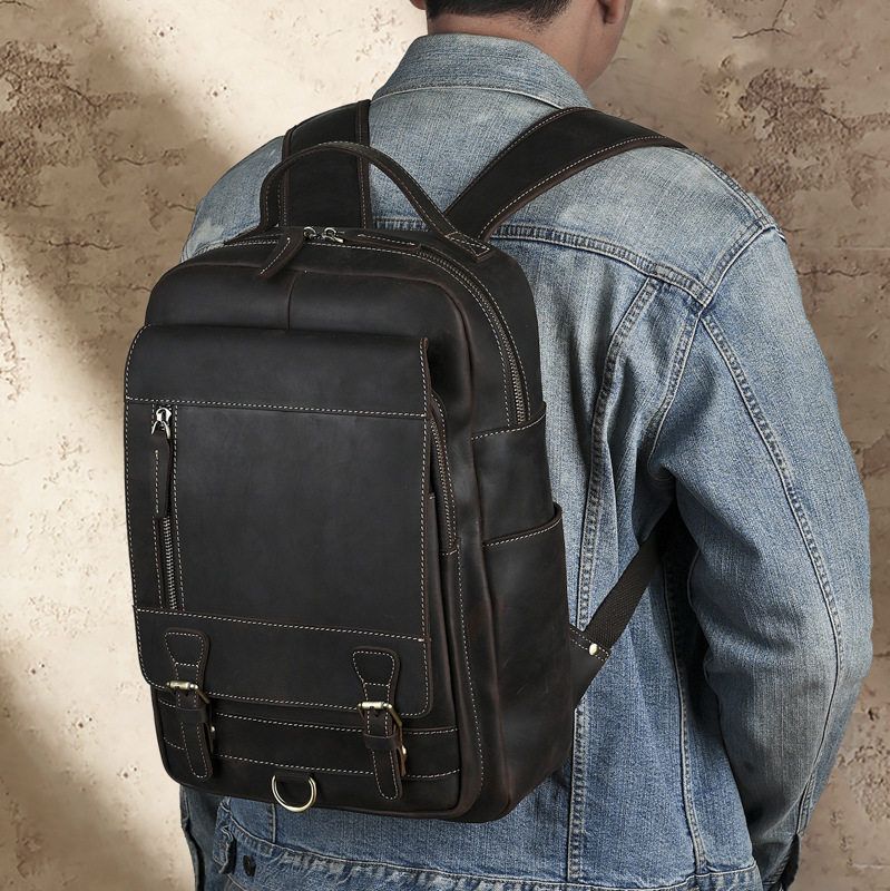 头层牛皮商务通勤电脑背包欧美复古双肩包疯马皮男士大容量双肩包