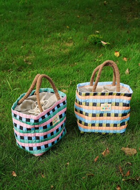 野菓WildeFrüchte新款复古彩色编织格篮子大容量手提包