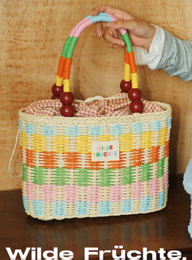 野菓WildeFrüchte.彩色格纹手工编织篮子度假篮子包