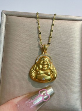 S925纯银镀黄金色新款大肚佛公吊坠金佛项链镶钻锆石弥勒佛锁骨链
