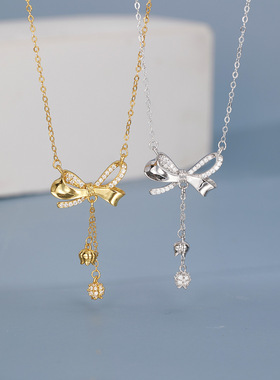 s925纯银镀黄金色首饰蝴蝶结铃兰花锁骨链简约百搭高级感女生项链