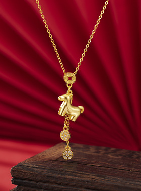 马上有钱项链s925纯银镀黄金色首饰流苏钱币小马锁骨链银饰品女生