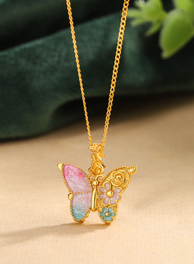 s925纯银镀黄金色珐琅三生花半蝶项链时尚繁花蝶梦渐变彩色锁骨链
