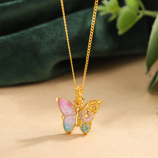 s925纯银镀黄金色珐琅三生花半蝶项链时尚繁花蝶梦渐变彩色锁骨链