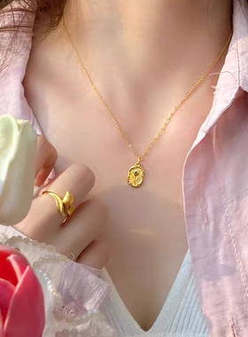 黄金包银首饰女黄金色郁金香花朵耳钉小吊坠小牌子耳饰品项链劲饰