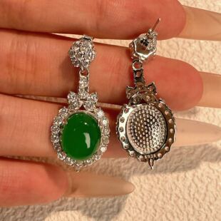 S925纯银镶玉天然高冰绿玉髓耳钉大气女时尚翡翠帝王绿色耳环耳饰