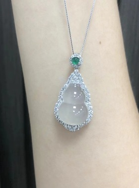 国风S925纯银饰天然高冰玉髓葫芦吊坠玉石银镶玉福禄项链女锁骨链