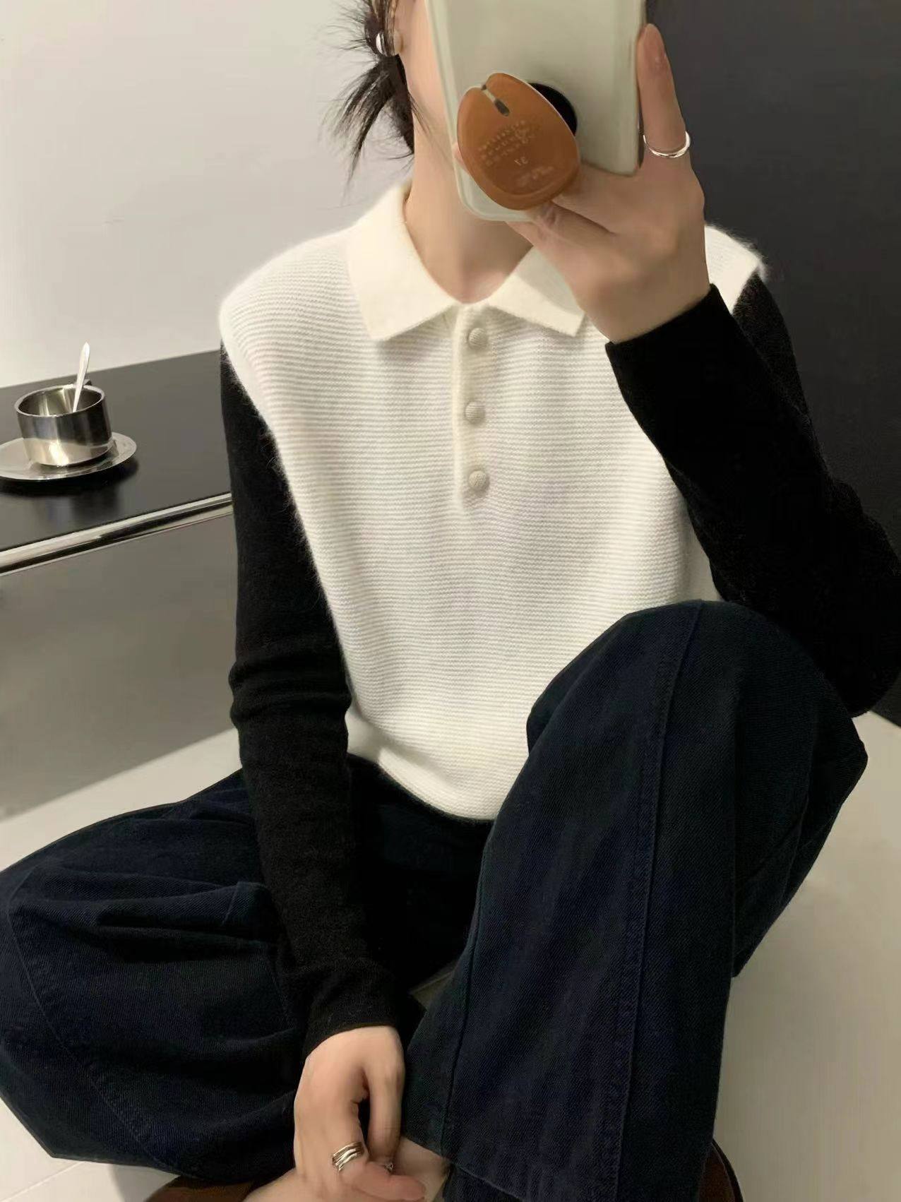 秋季新款韩版翻领马甲两件套针织衫女撞色休闲百搭毛衣套装上衣潮
