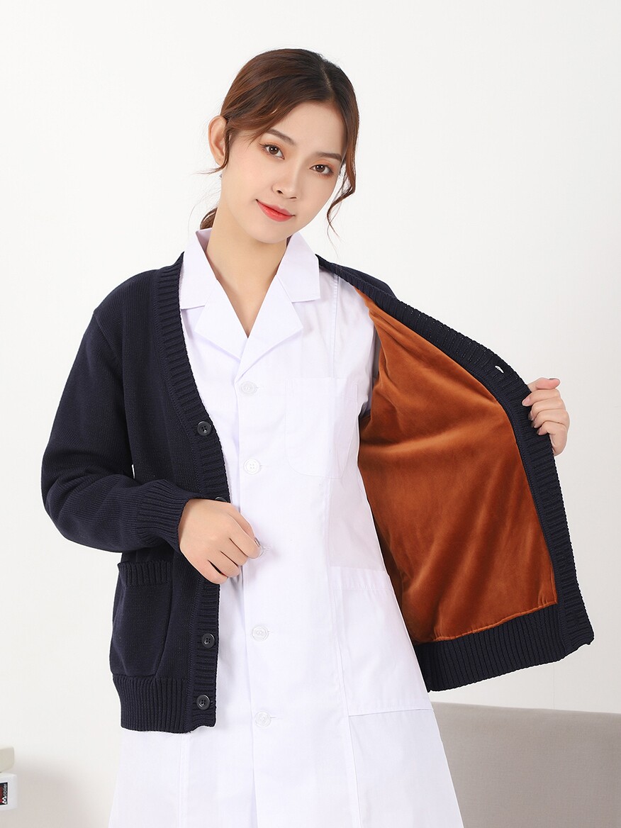 南丁格尔护士毛衣外套V领开衫藏蓝色加绒加厚医院女护士服针织毛