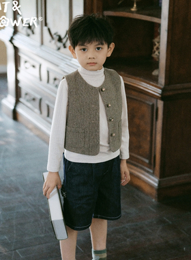 Cat&Flower儿童男童马甲高档工艺柔软羊毛订制纽扣纯棉双面马甲